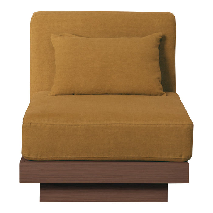 Mustard yellow upholstered chair with a smooth texture and a contrasting dark wooden base. Simple and modern design.