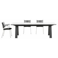 Stylish black and white dining table set with sleek, modern lines and patterned chrome chairs. Perfect for contemporary decor.