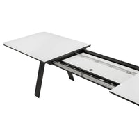 Modern white tabletop with a sleek black metal frame, featuring a minimalistic design and clean lines.