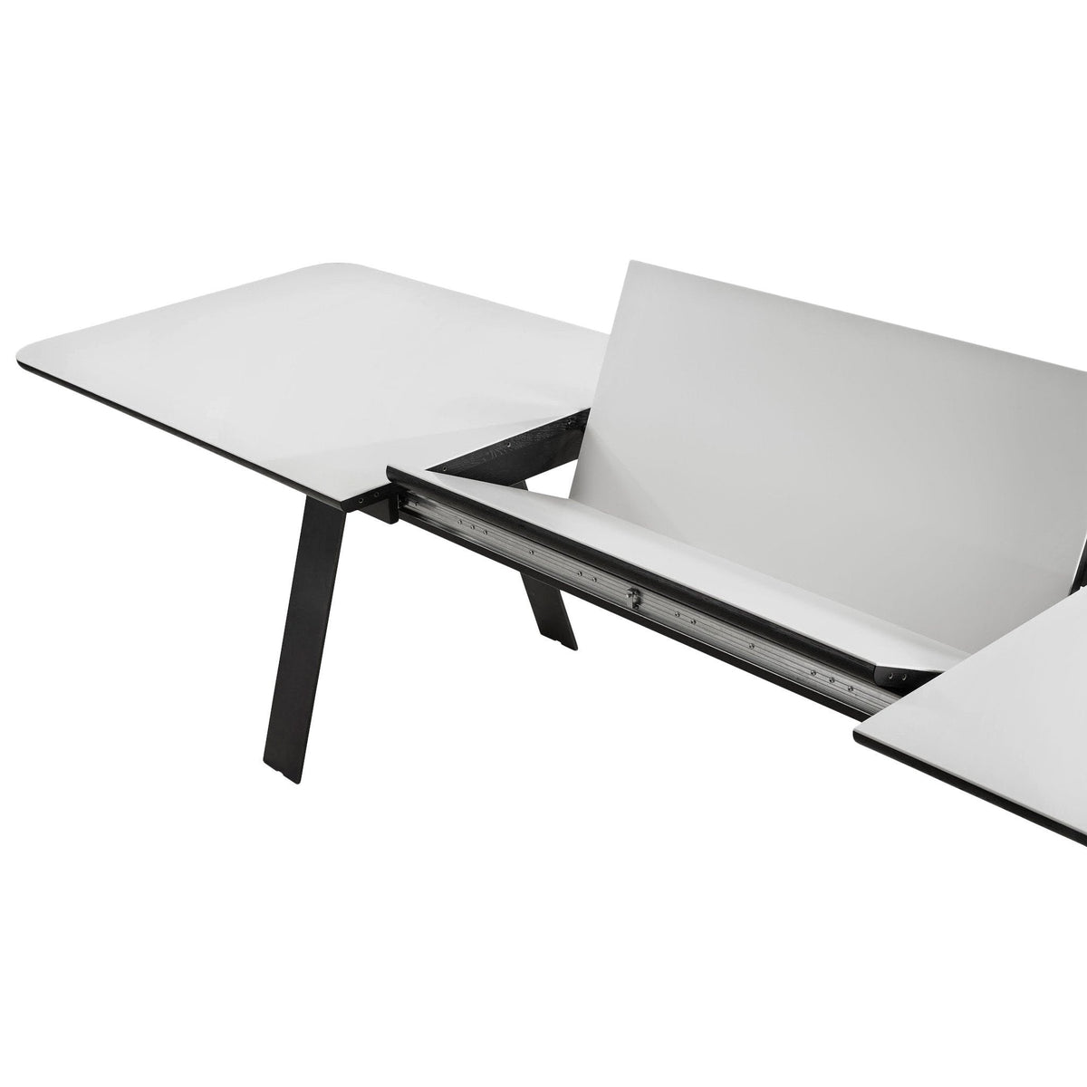 Minimalist white tabletops with sleek black metal legs, featuring a modern, clean design. Perfect for any contemporary space.