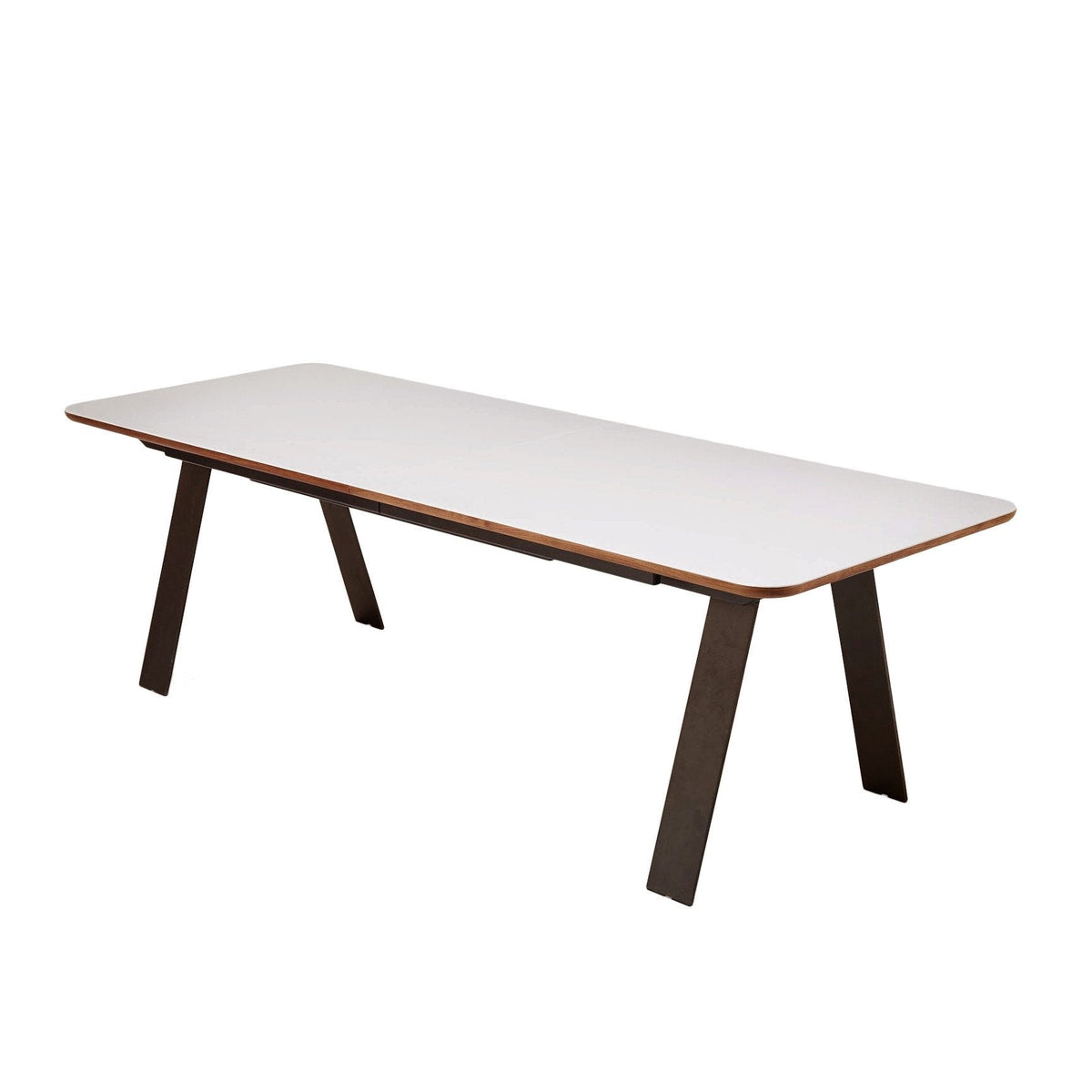 White rectangular table with a sleek design and dark wood legs. Perfect for modern dining or workspace.