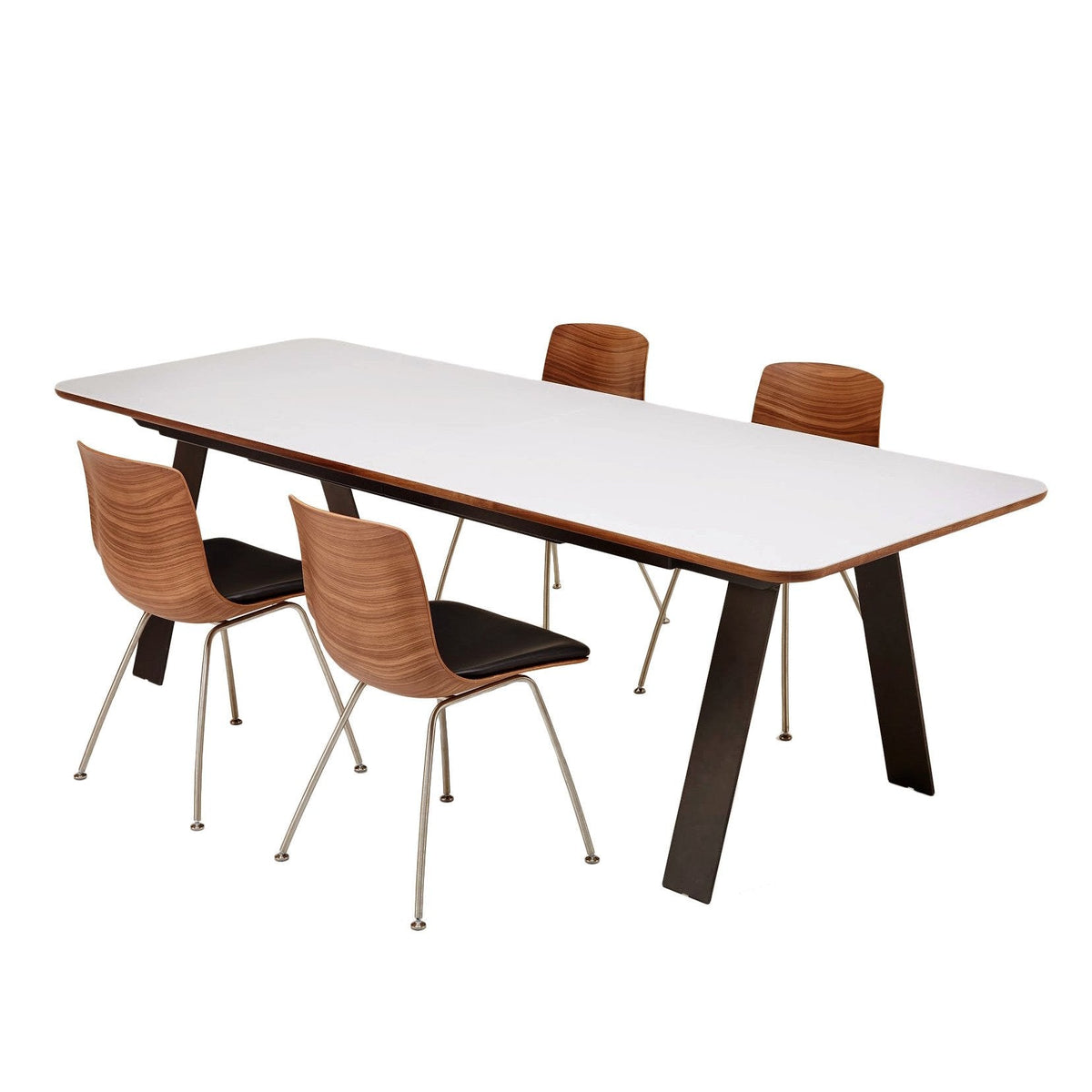 Modern white tabletop with wooden chairs featuring a natural finish and sleek black legs. Perfect for any dining space.