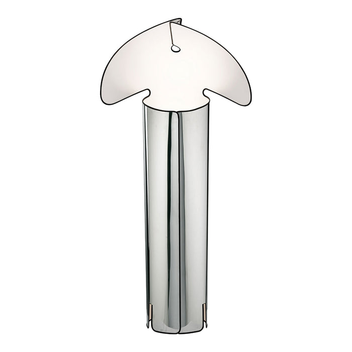Sleek silver lamp with a minimalist design and a translucent white shade, featuring a unique mushroom shape.