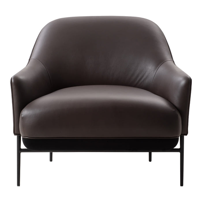 Stylish brown leather armchair with a smooth finish and sleek black metal legs, perfect for modern interiors.