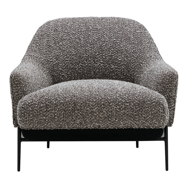 Textured gray armchair featuring a soft, boucle fabric and sleek black metal legs for modern decor.