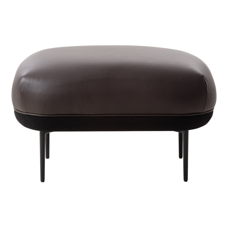 Brown leather ottoman with smooth finish and black metal legs, showcasing a minimalist design and modern elegance.