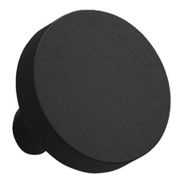 Matte black circular cabinet knob with smooth texture and minimalist design. Perfect for modern decor.