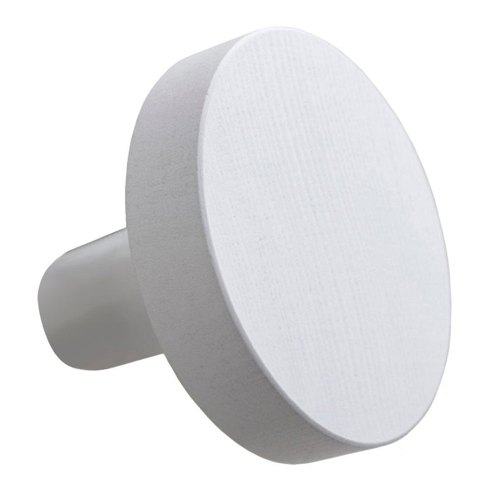 White round knob with a smooth finish and a matte texture, perfect for modern decor applications.