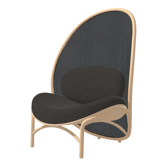 Stylish armchair featuring a dark gray seat and backrest with a light wooden frame, showcasing modern curves and minimalism.
