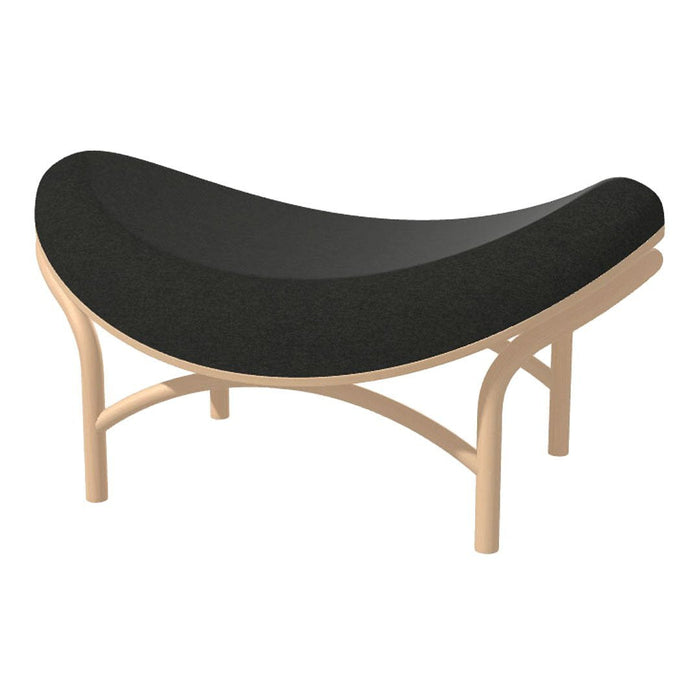 Black curved cushion on a light wood frame, modern minimalist design with smooth lines. Ideal for contemporary decor.