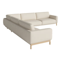 Beige sectional sofa with smooth fabric and minimalist design, featuring light wood legs and seamless cushions.