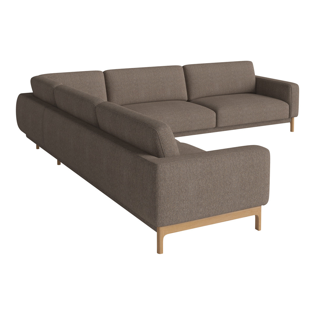Stylish L-shaped sectional sofa in a warm taupe fabric with a smooth, sleek design and wooden legs.