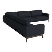 Black sectional sofa with a smooth, textured fabric and minimalist design. Features stylish wooden legs for modern elegance.