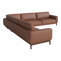 Brown leather sectional sofa with clean lines and modern design, featuring a smooth surface and minimalistic style.