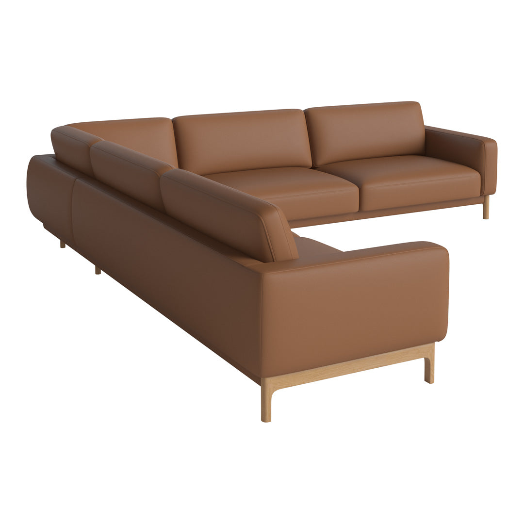 Brown leather sectional sofa with smooth, minimalist design and natural wood legs. Perfect for modern decor.