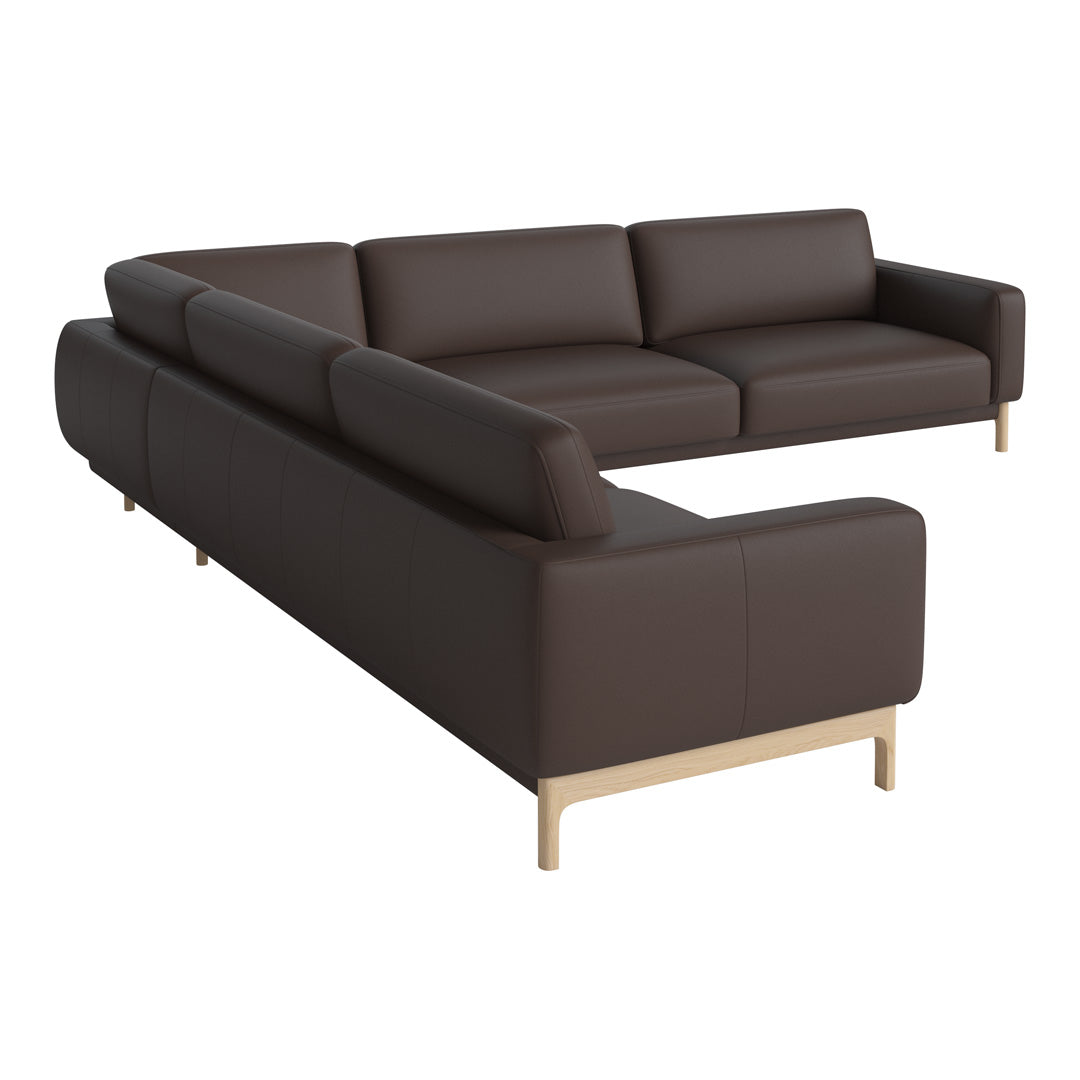Brown leather sectional sofa with sleek lines and minimalist beige wooden legs. Perfect for modern living spaces.