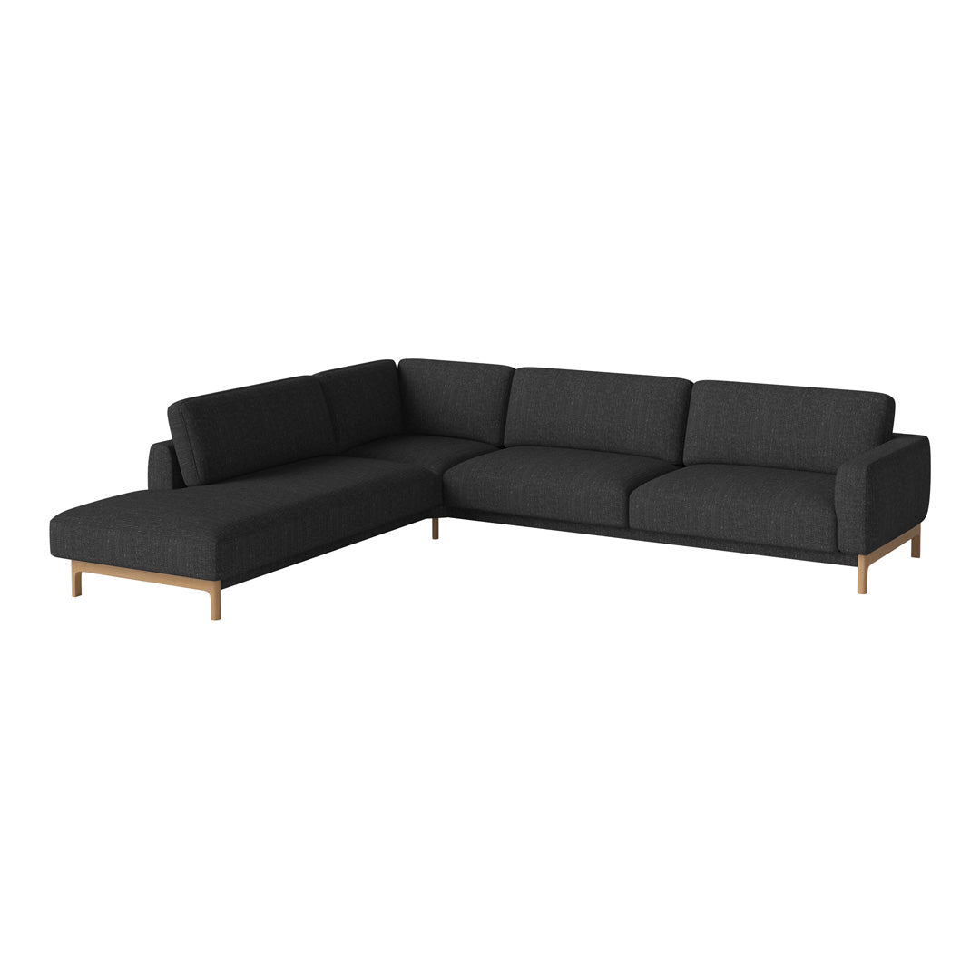 Sleek black fabric sectional sofa with modern gray tones and natural wood legs, perfect for contemporary interiors.