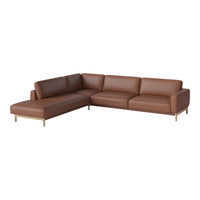 Brown leather sectional sofa with smooth upholstery and wooden legs, featuring a modern, minimalist design.