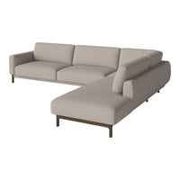 Beige modern sectional sofa with clean lines and smooth fabric, featuring a minimalist design and wood legs.