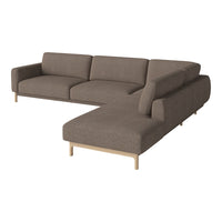 Brown fabric sectional sofa with clean lines and wooden legs, featuring a modern, minimalist design.