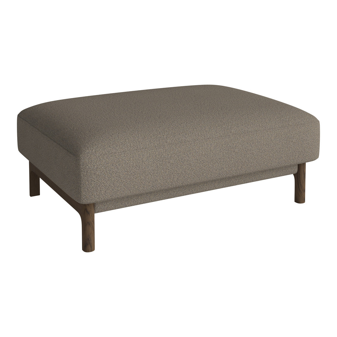 Grey upholstered ottoman with a smooth texture and wooden legs, perfect for modern living spaces.