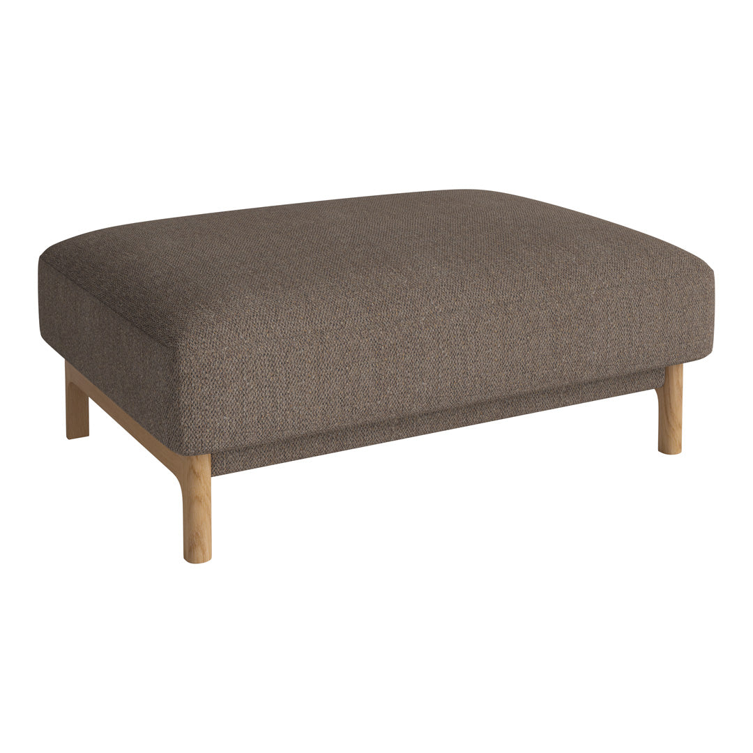 Brown upholstered ottoman with a smooth texture and wooden legs, showcasing a minimalist design.
