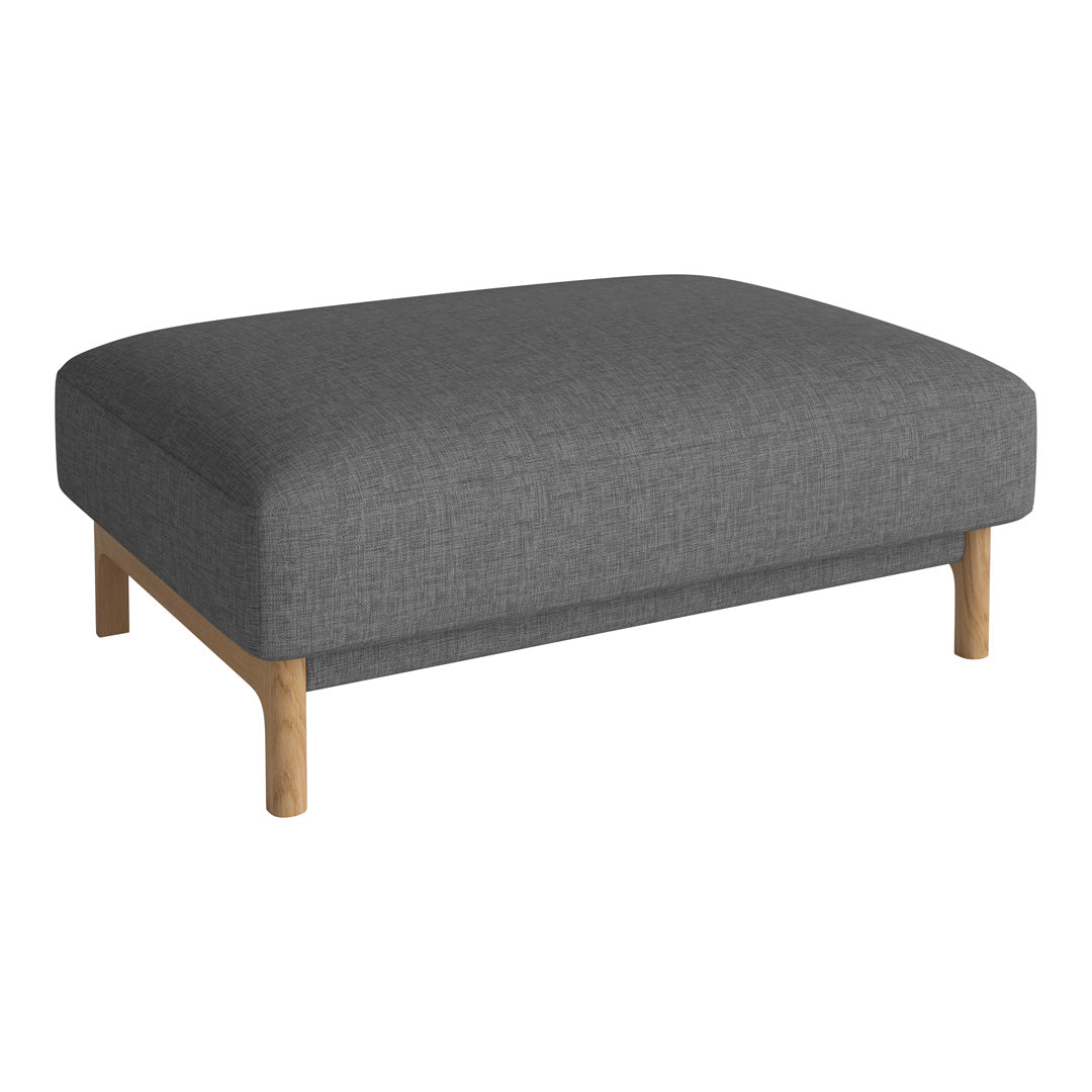 Gray upholstered ottoman with a smooth fabric finish and natural wood legs, perfect for modern decor.
