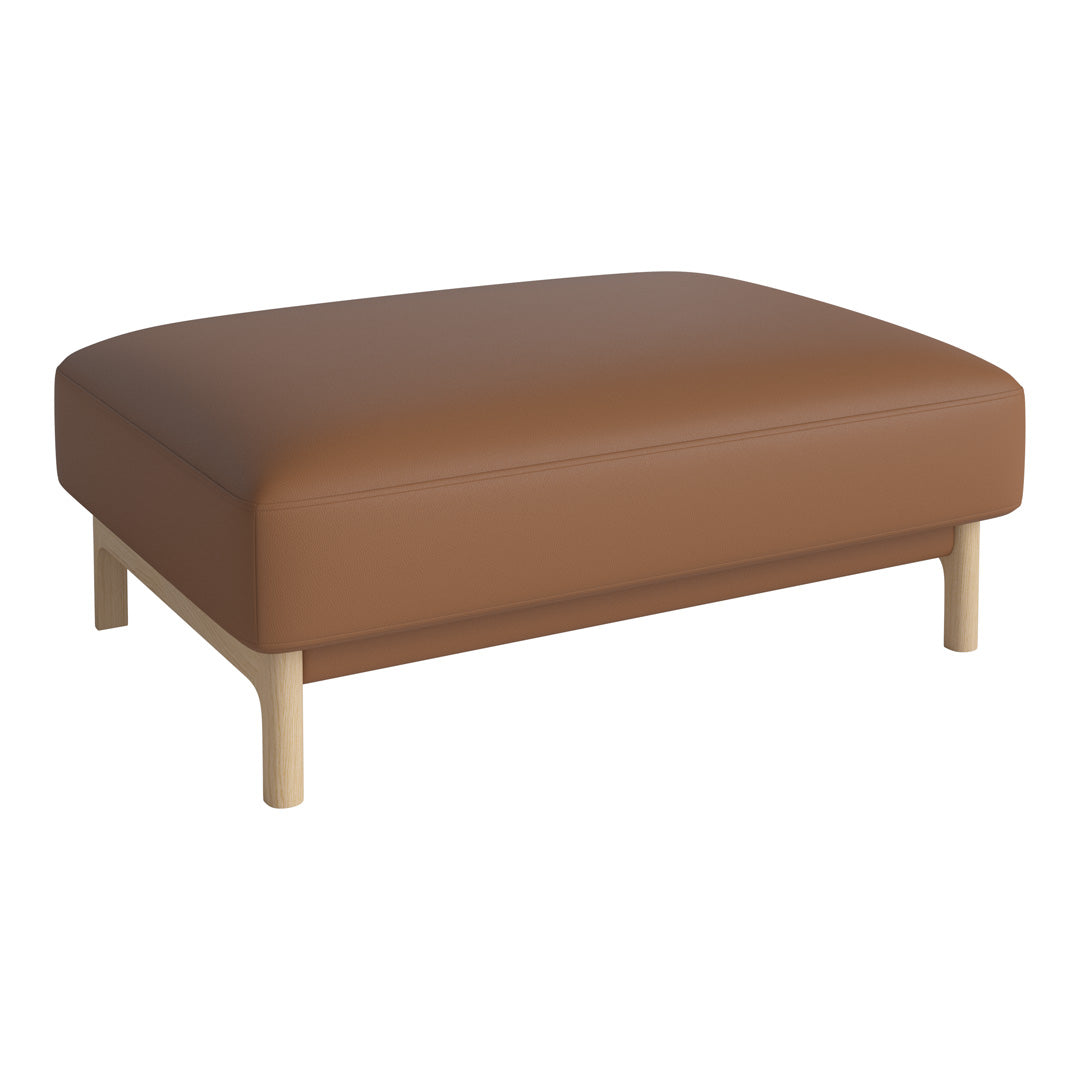 Brown leather ottoman with a sleek, minimalist design and light wooden legs, perfect for modern interiors.