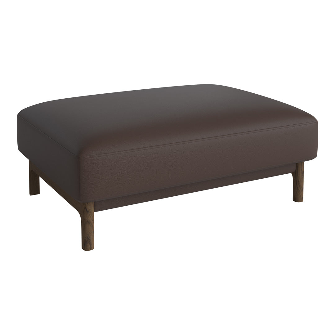Brown leather ottoman with a smooth surface and wooden legs, perfect for modern decor.