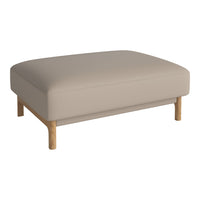 Light beige upholstered ottoman with a smooth texture and natural wood legs, perfect for modern decor.