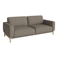 Modern gray sofa with minimalist design and light wood legs, featuring a smooth fabric texture.