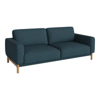Teal upholstered sofa with a smooth fabric finish and wooden legs, featuring a modern minimalist design.