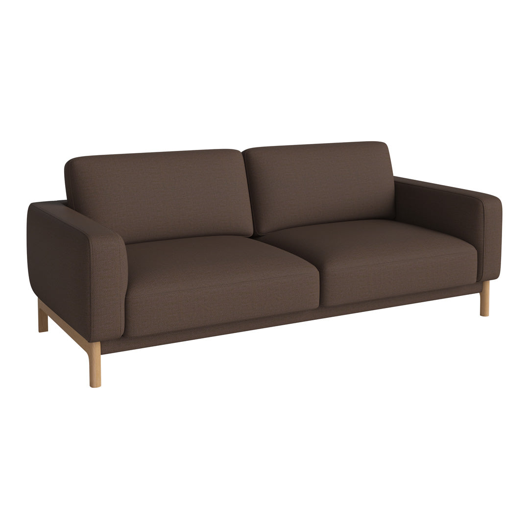 Brown fabric sofa with a minimalist design, featuring smooth, solid upholstery and wooden legs. Ideal for modern decor.