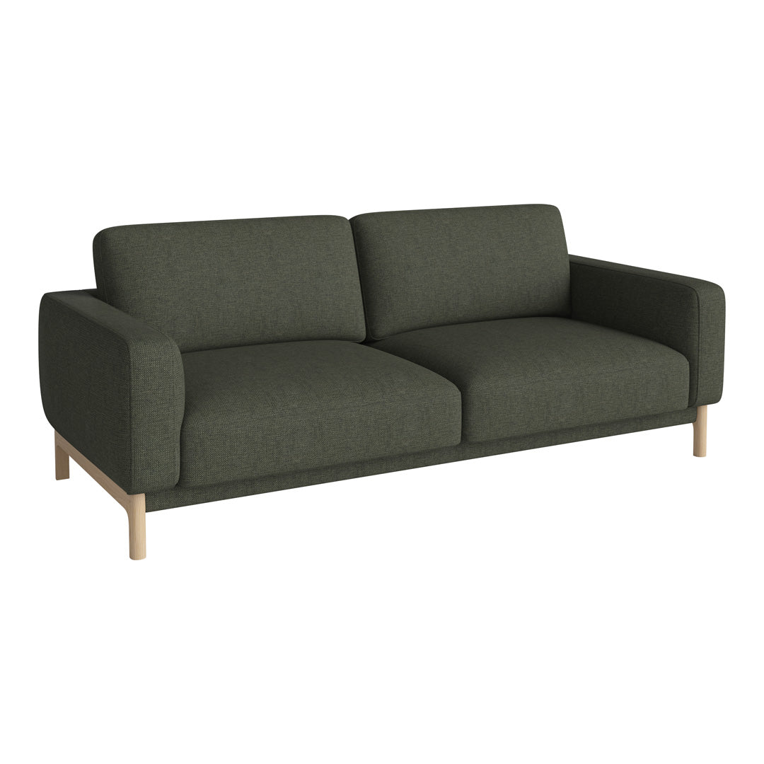 Dark green fabric sofa with clean lines and light wood legs, ideal for modern living spaces.