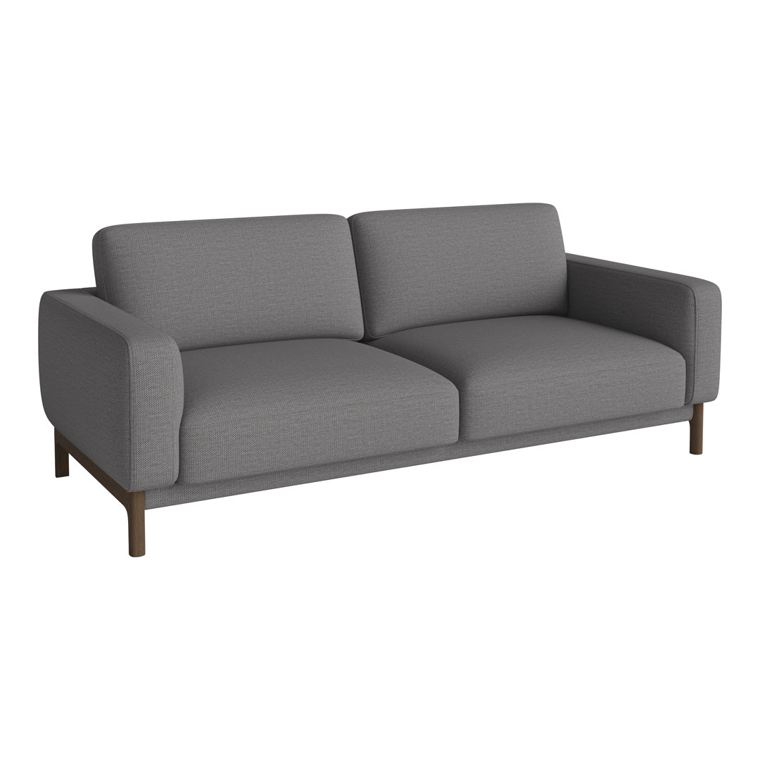 Gray modern couch with a smooth fabric texture and sleek wooden legs, perfect for contemporary living spaces.