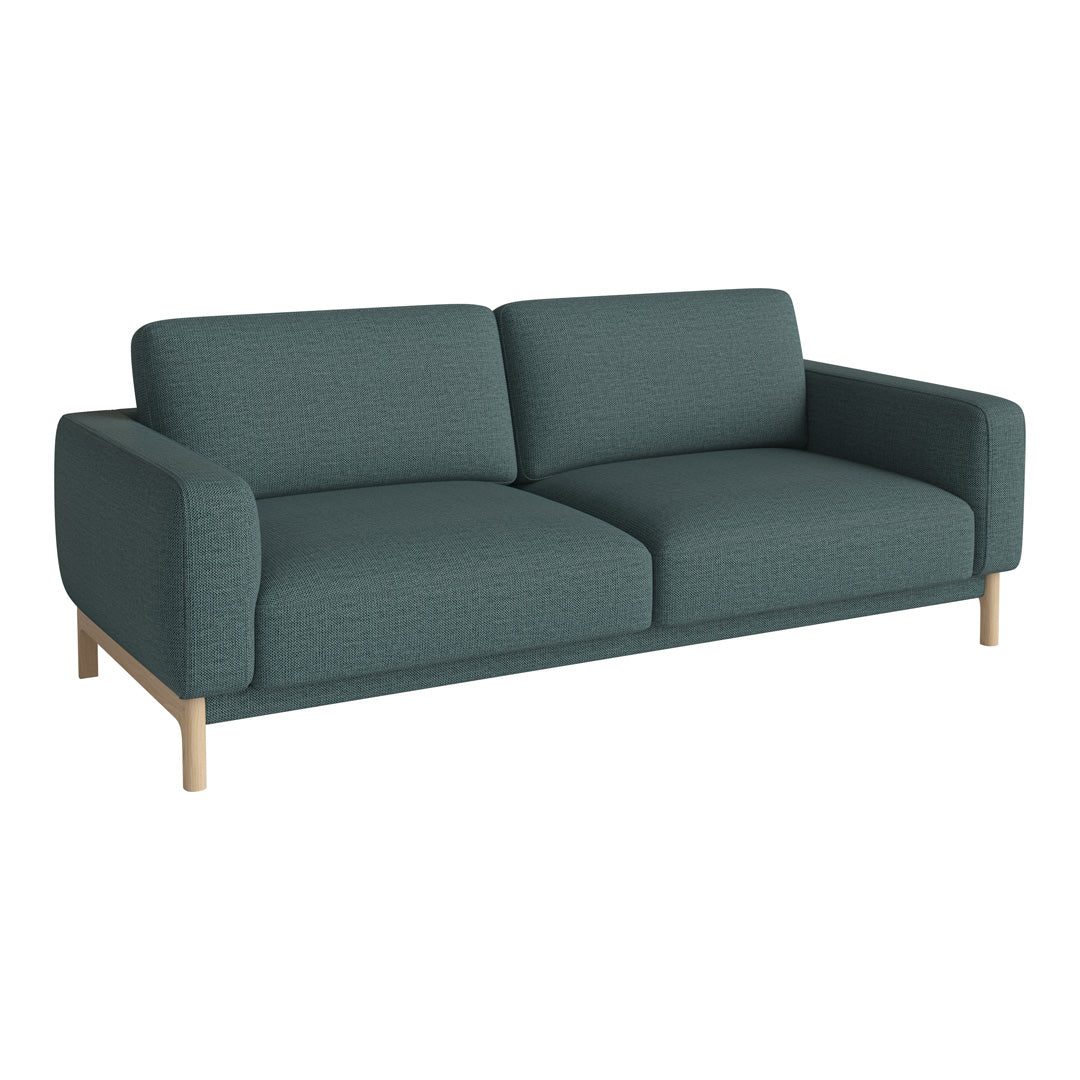 Teal upholstered sofa with a smooth texture, featuring a minimalist design and light wood legs.