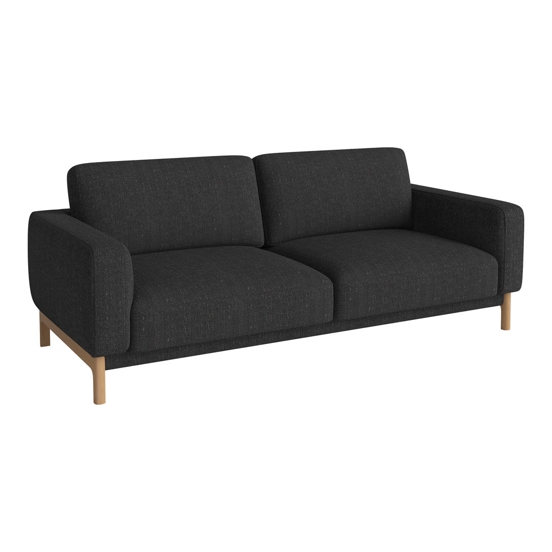 Elegant charcoal gray fabric sofa with clean lines and natural wood legs, perfect for modern living spaces.