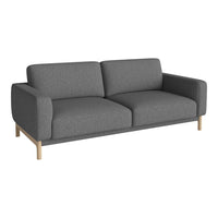 Gray upholstered sofa with a smooth fabric finish and wooden legs, perfect for modern living spaces.