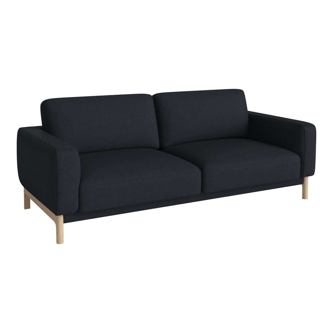 Modern black fabric sofa with a smooth texture and minimalist design, featuring light wooden legs.