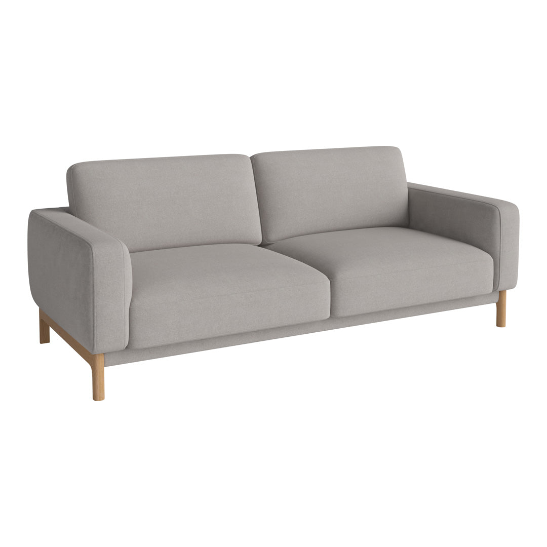 Light gray fabric sofa with simple, modern lines and wooden legs, ideal for minimalist decor.