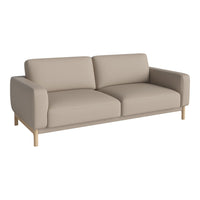 Beige modern couch with minimalist design and light wooden legs, featuring smooth upholstery and simple lines.