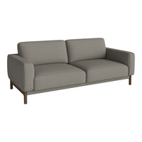 Gray fabric sofa with a sleek, modern design and smooth texture, featuring minimalistic lines and a wooden frame.