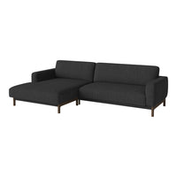 Modern grey sectional sofa with a clean design and subtle texture, featuring dark wooden legs for added contrast.
