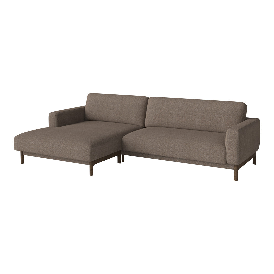 Brown fabric sectional sofa with a sleek, modern design, featuring subtle texture and minimalist style.