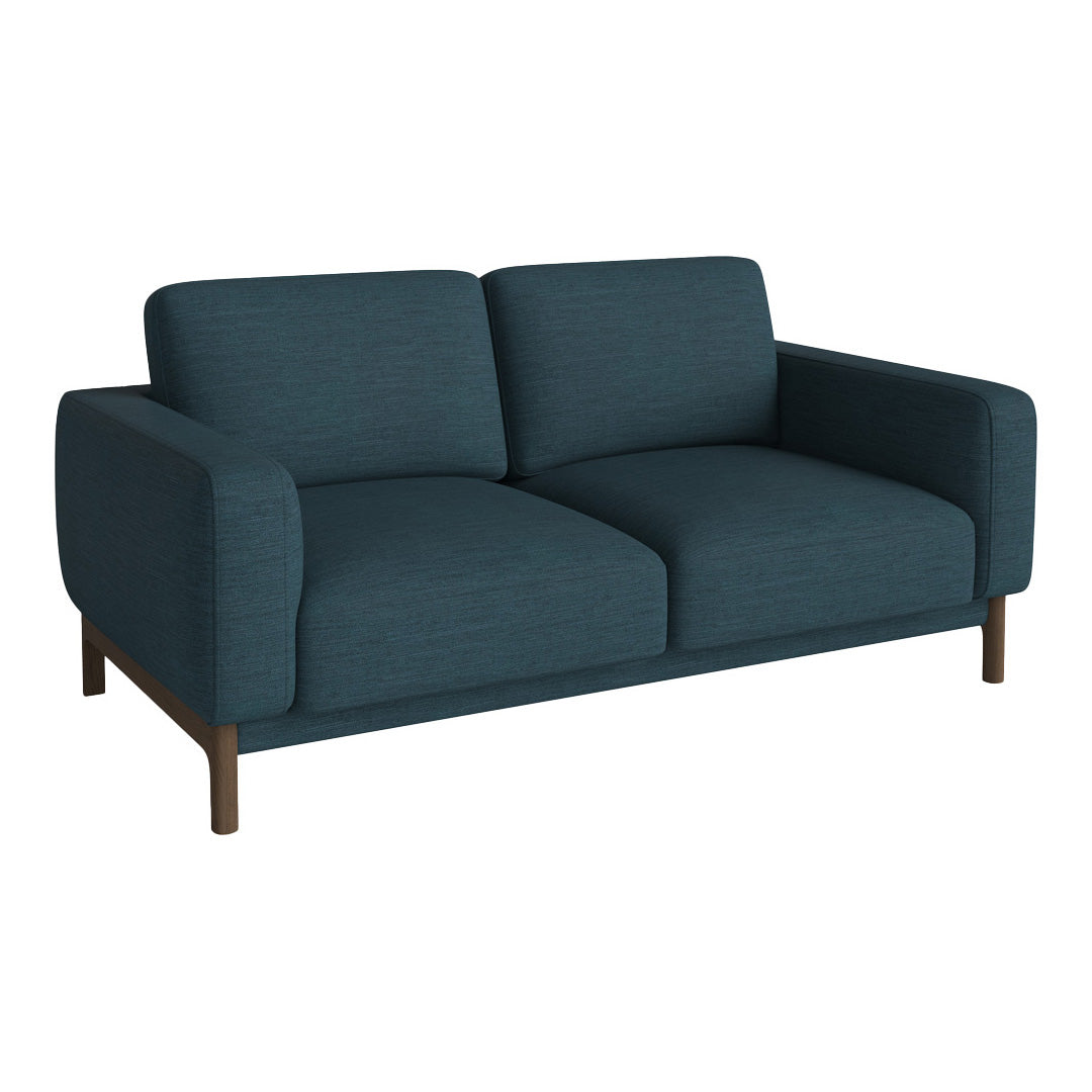 Teal fabric sofa with a smooth texture and minimal pattern, featuring clean lines and wooden legs for a modern look.