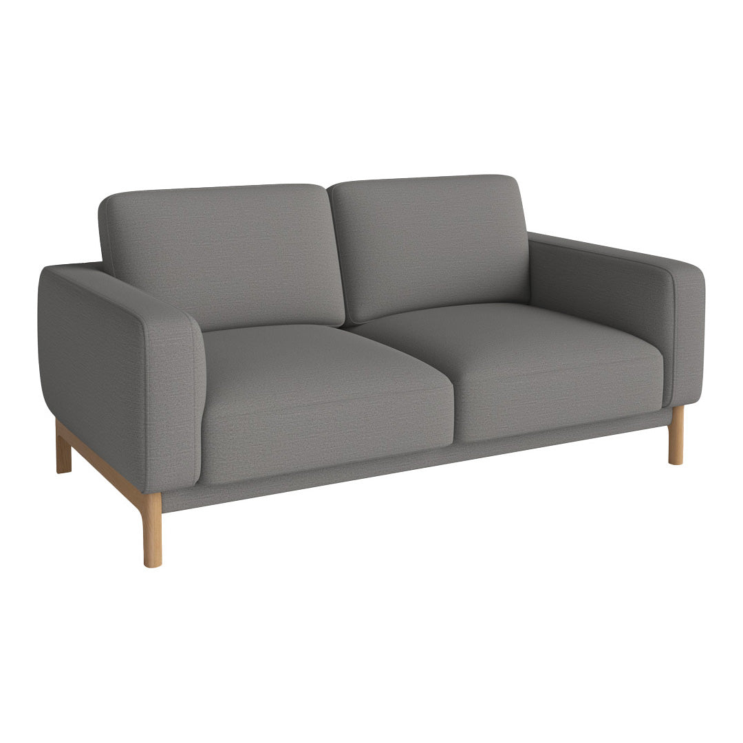 Gray upholstered sofa with smooth fabric and clean lines, featuring light wood legs for a modern touch.