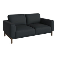 Modern black fabric sofa with clean lines and a minimalist design, featuring a solid wood base. Ideal for contemporary decor.