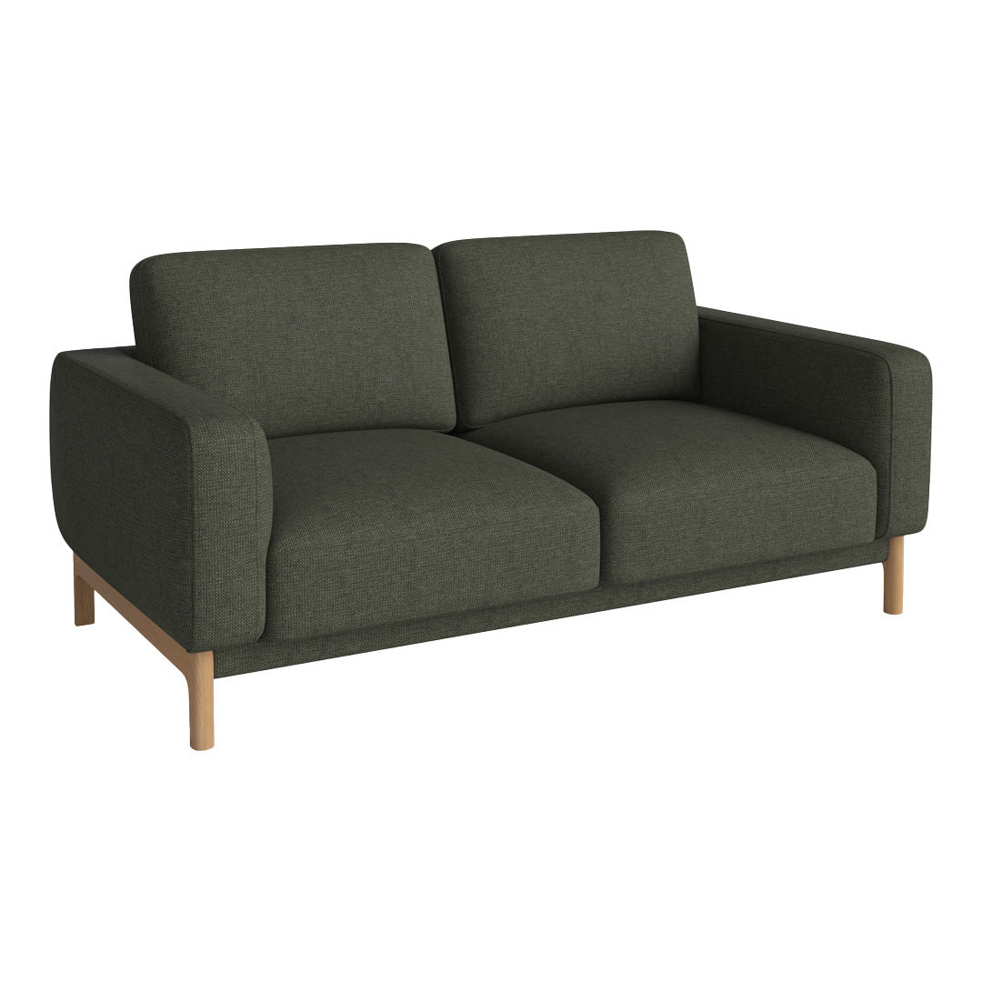 Dark green fabric sofa with a simple, modern design and light wooden legs. Perfect for contemporary living spaces.