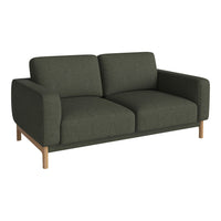 Dark green fabric sofa with a simple, modern design and light wooden legs. Perfect for contemporary living spaces.
