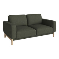 Dark green fabric sofa with a minimalist design and light wood legs, perfect for modern interiors.